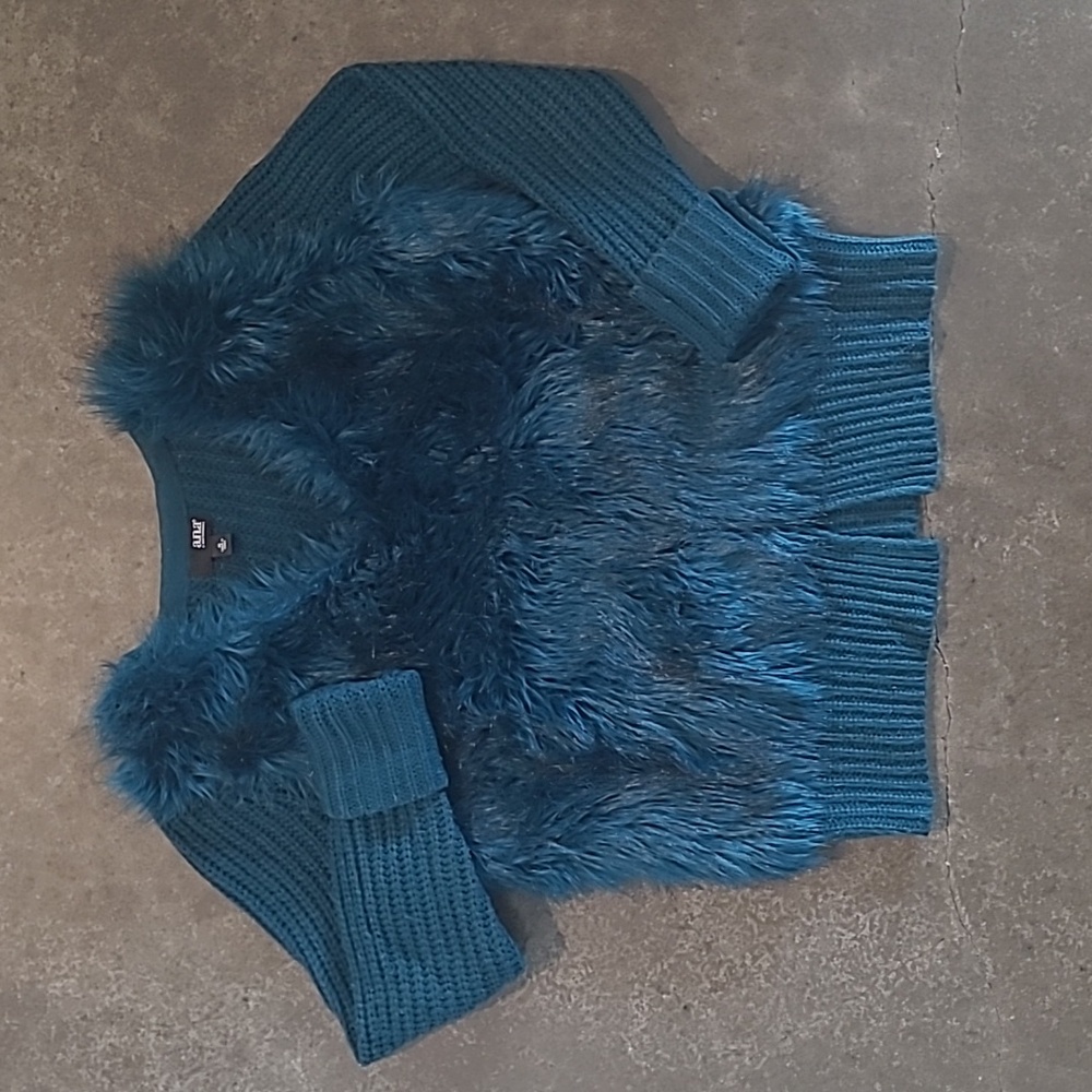 FAUX FUR CARDIGAN SWEATER PEACOCK BLUE